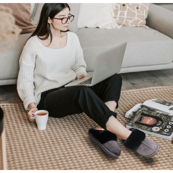 🆕Women Black Suede Fluff Dual Memory Foam Arch Support Warm Scuff Slipper - Picture 5 of 9